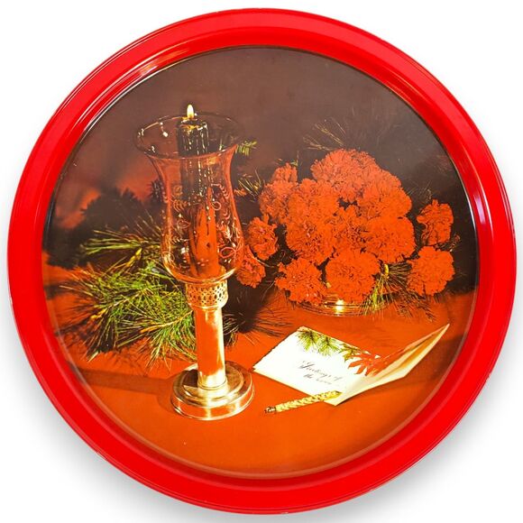 Vintage Set of 3 Christmas Tin Trays Atlantic Can Co Style Round Serving MCM - Picture 2 of 16